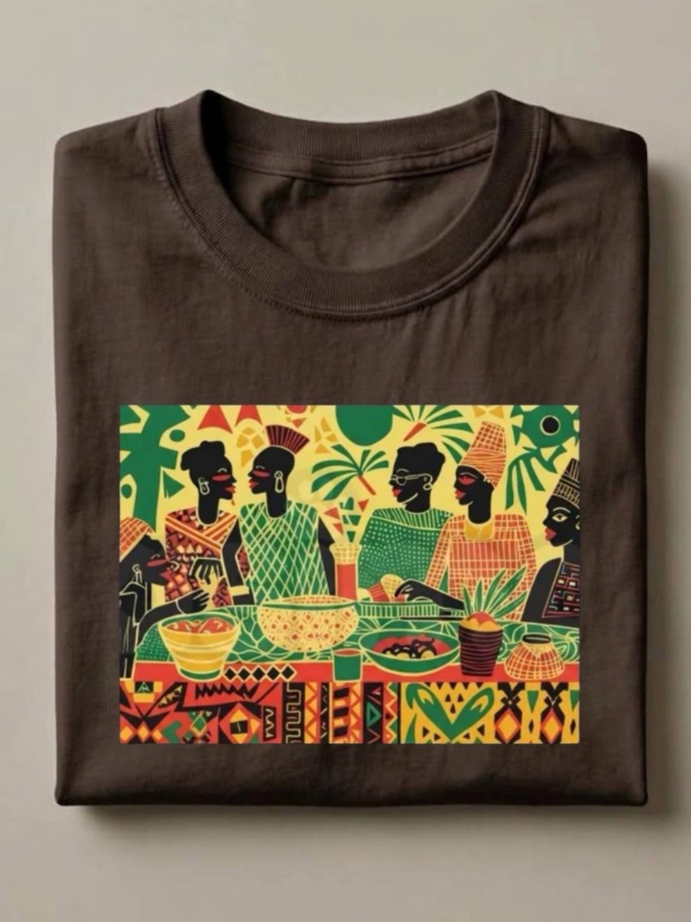 Retro West African Dinner Scene Graphic Short Sleeve Tee in Brown